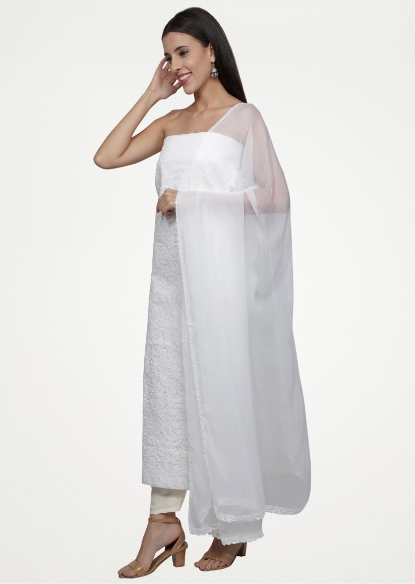 Firgun White Lucknowi Chikankari Cotton Unstitched Suit Set