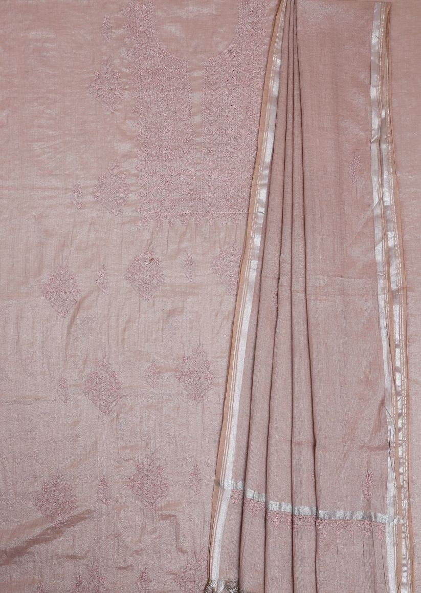 Firgun Cola Lucknowi Chikankari Chanderi Silver Tissue Unstitched Kurta & Dupatta Set