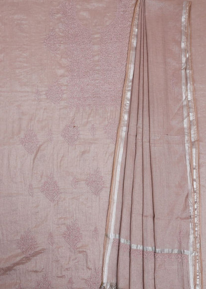 Firgun Cola Lucknowi Chikankari Chanderi Silver Tissue Unstitched Kurta & Dupatta Set