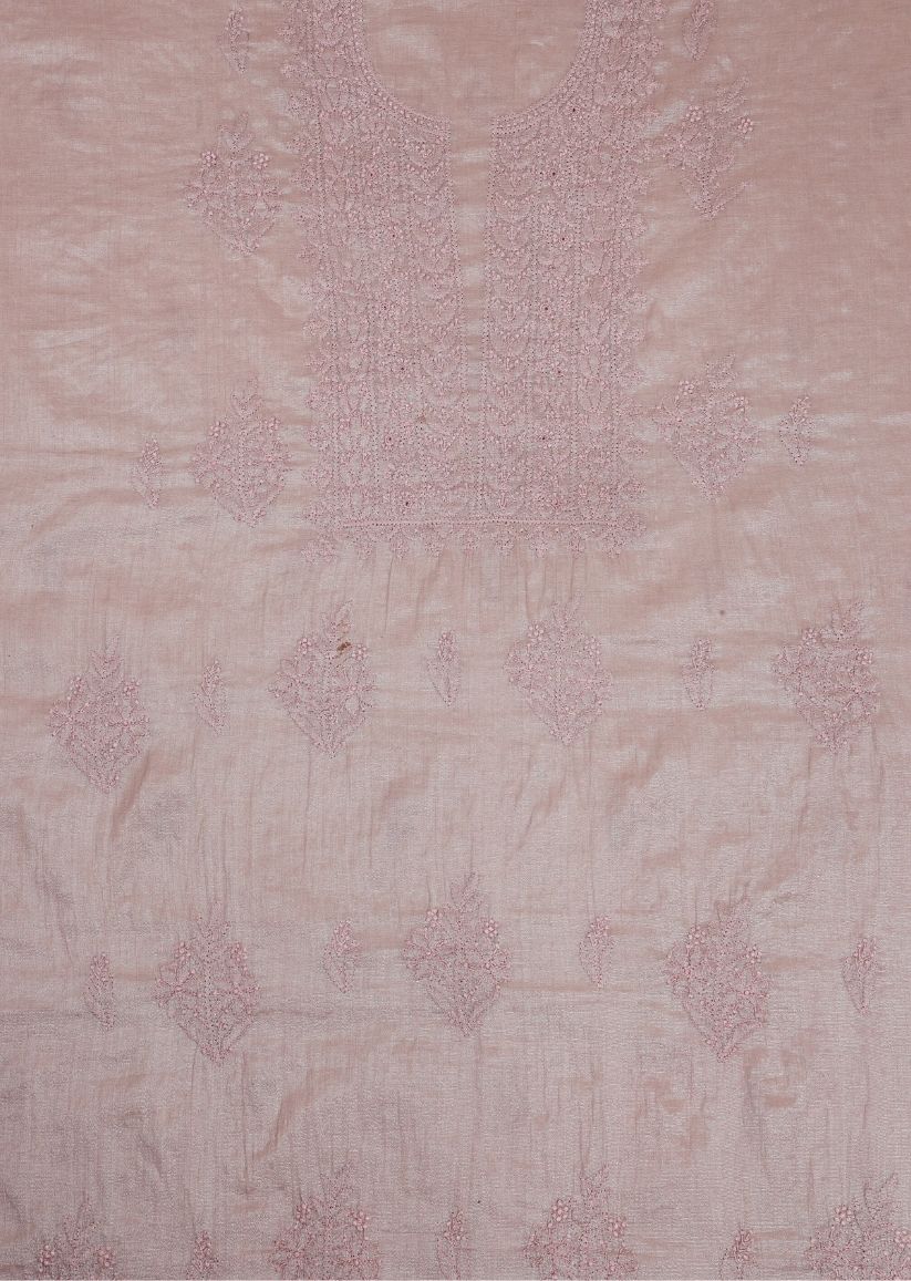 Firgun Cola Lucknowi Chikankari Chanderi Silver Tissue Unstitched Kurta & Dupatta Set