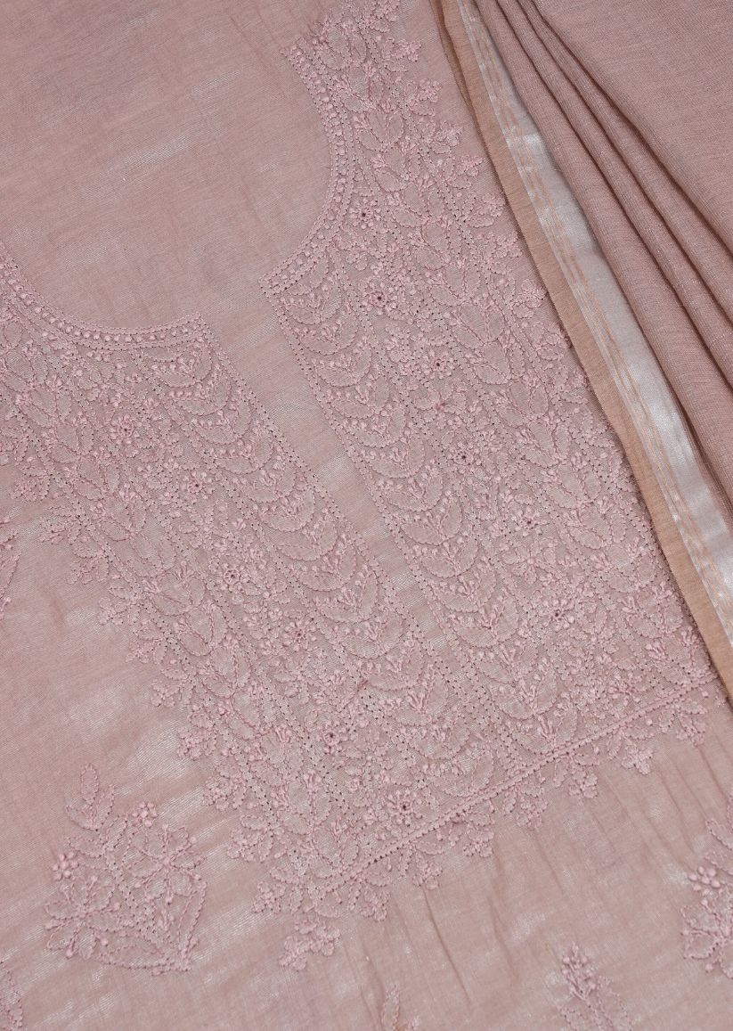 Firgun Cola Lucknowi Chikankari Chanderi Silver Tissue Unstitched Kurta & Dupatta Set