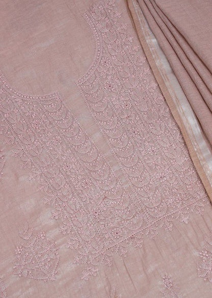Firgun Cola Lucknowi Chikankari Chanderi Silver Tissue Unstitched Kurta & Dupatta Set
