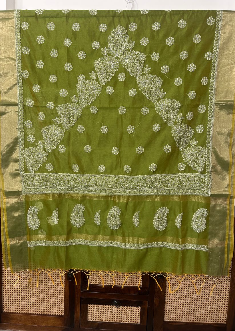 Firgun Olive Lucknowi Chikankari Chanderi Saree with Unstitched Blouse Piece