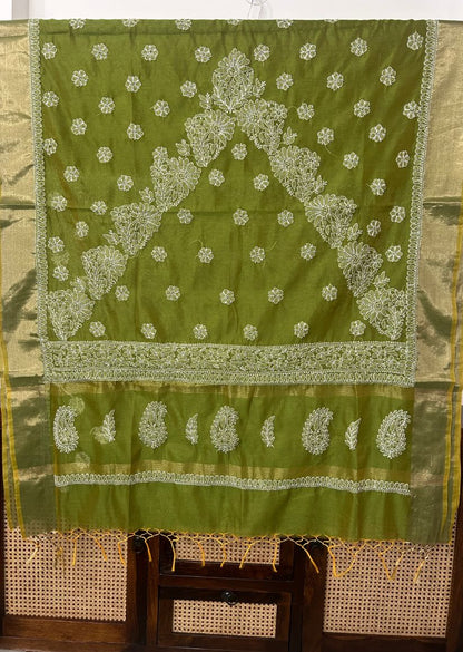 Firgun Olive Lucknowi Chikankari Chanderi Saree with Unstitched Blouse Piece