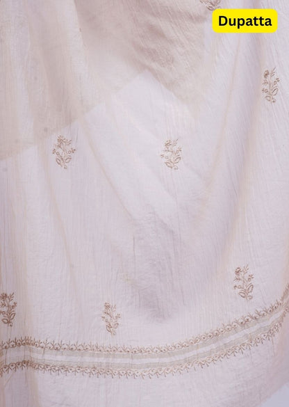 Firgun Beige Lucknowi Chikankari Viscose Mul Chanderi Semi-stitched Anarkali & Dupatta Set