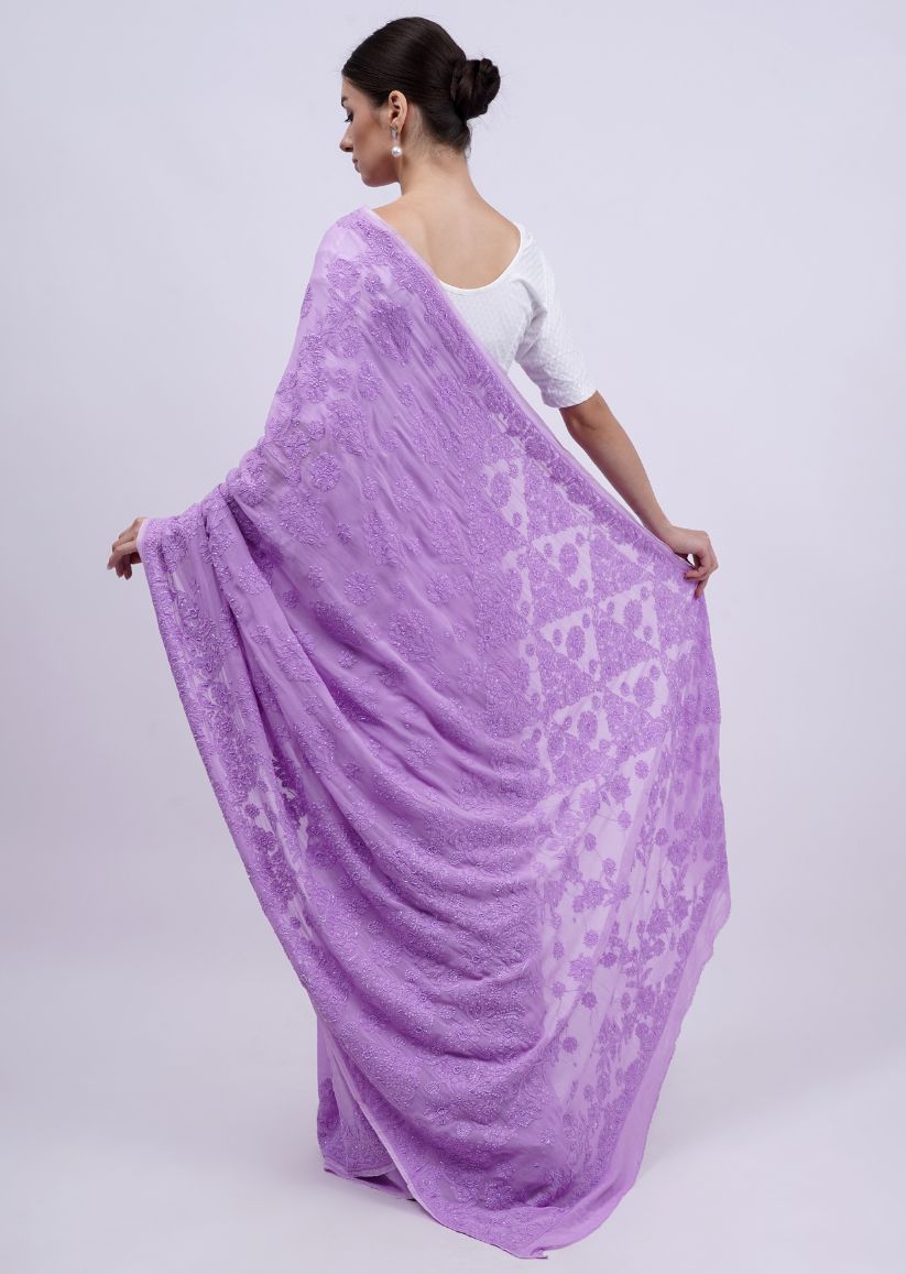 Firgun Lavender Lucknowi Chikankari Viscose Georgette Saree with Unstitched Blouse Piece