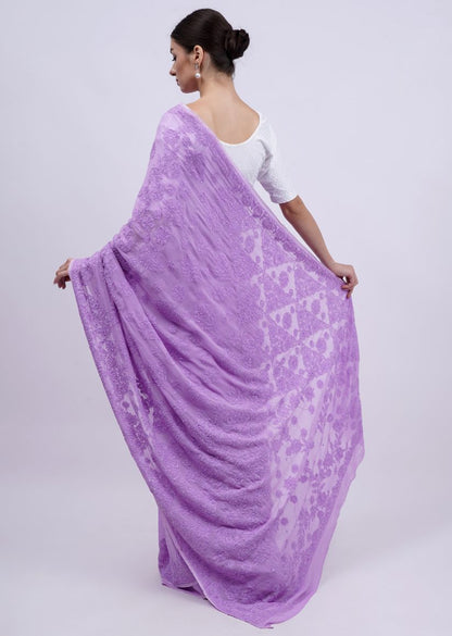 Firgun Lavender Lucknowi Chikankari Viscose Georgette Saree with Unstitched Blouse Piece