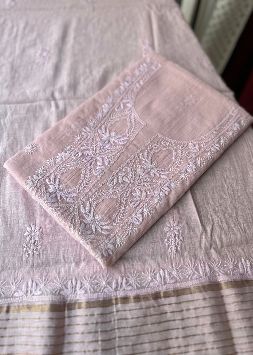Firgun Blush Pink Lucknowi Chikankari Mul Chanderi Unstitched Kurta & Dupatta Set