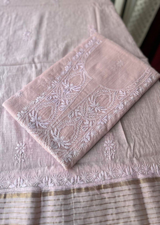 Firgun Blush Pink Lucknowi Chikankari Mul Chanderi Unstitched Kurta & Dupatta Set