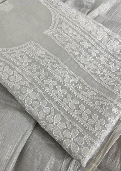 Firgun Silver Lucknowi Chikankari Chanderi Silver Tissue Kurta Dupatta Set