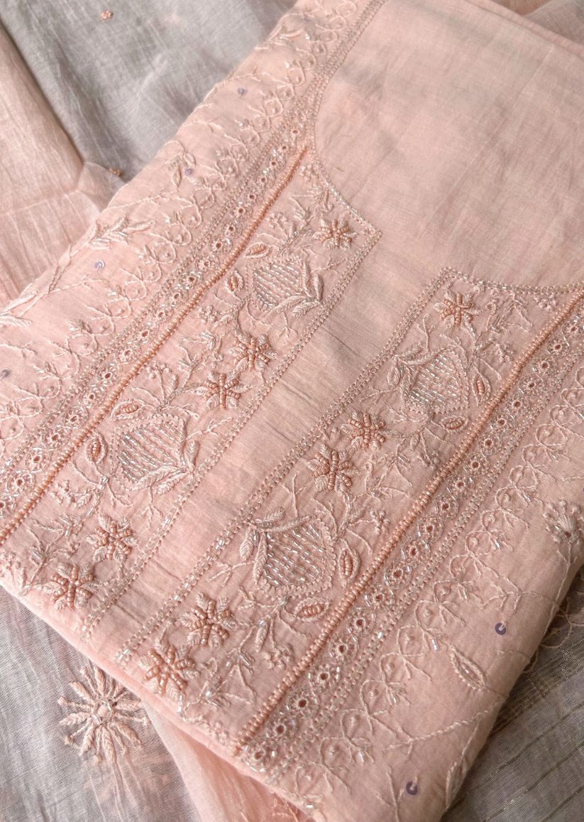 Firgun Peach Lucknowi Chikankari Mul Chanderi Unstitched Kurta & Dupatta Set with Pearl & Cutdana Work