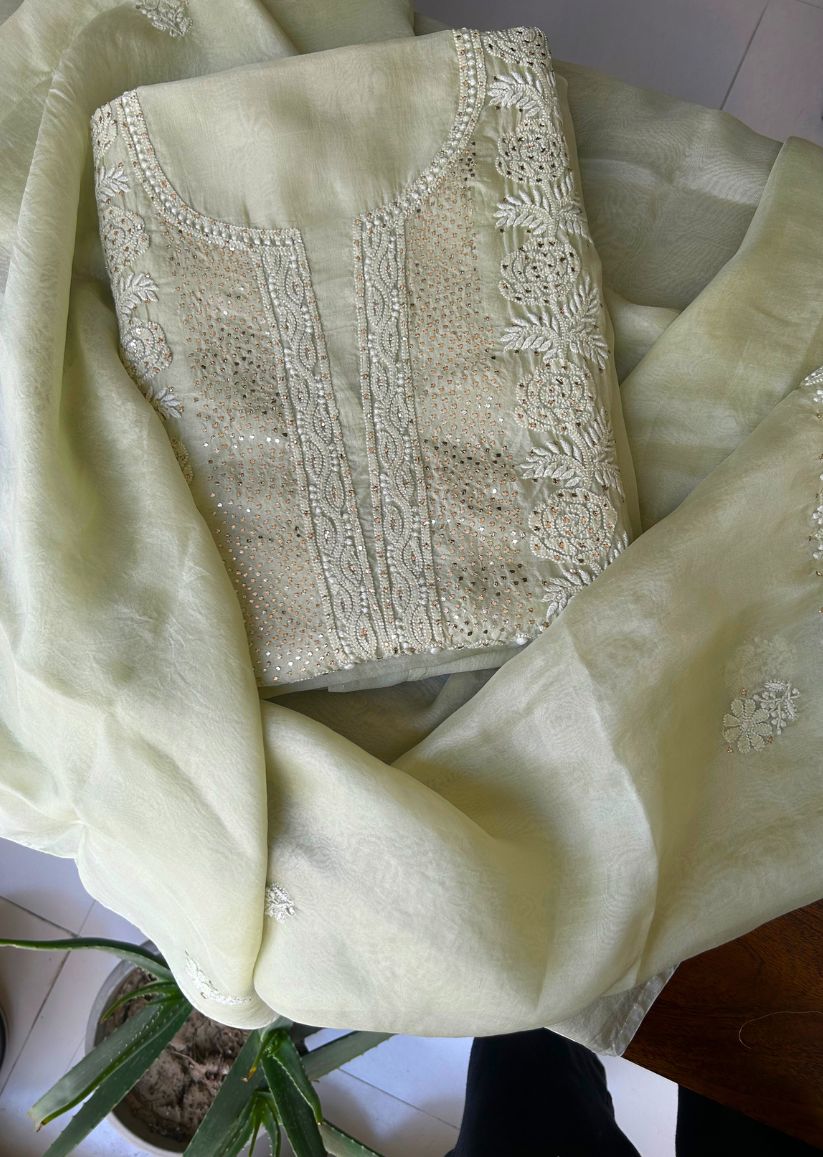 Firgun Mehendi Green Lucknowi Chikankari Pure Organza Unstitched Kurta & Dupatta Set