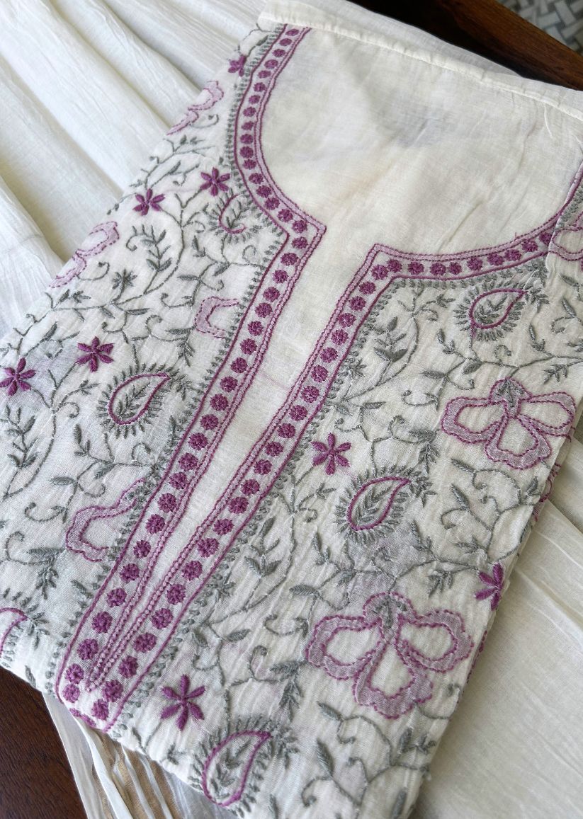 Firgun White Lucknowi Chikankari with Violet & Grey Work Mul Chanderi Unstitched Kurta & Dupatta Set