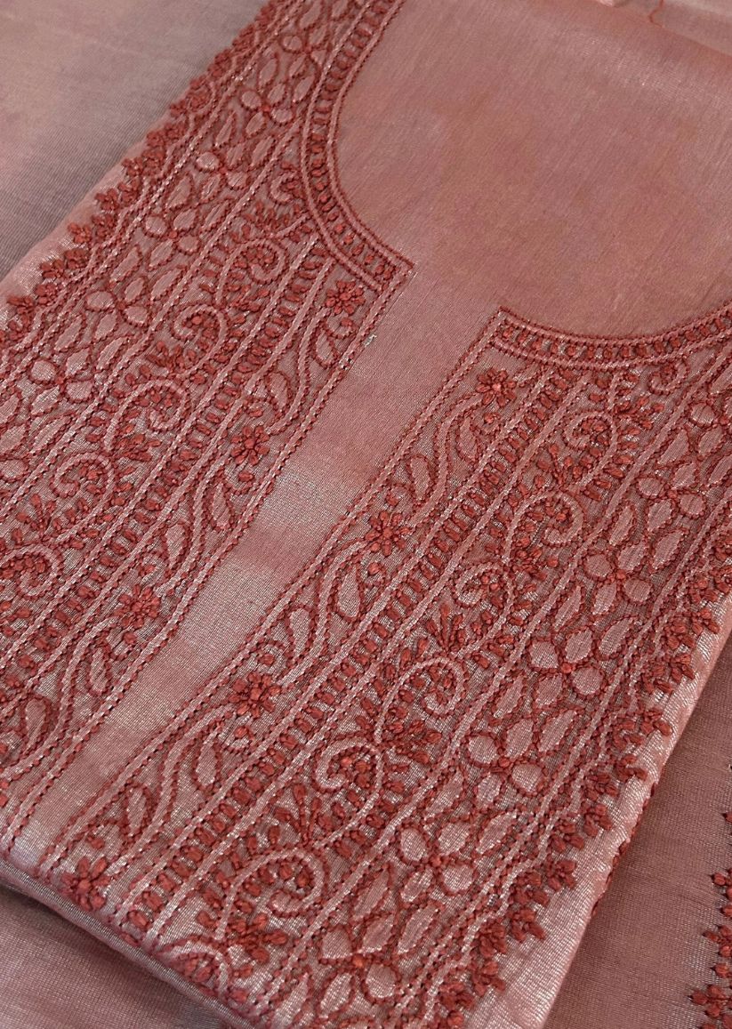 Firgun Maroon Lucknowi Chikankari Chanderi Silver Tissue Kurta Dupatta Set
