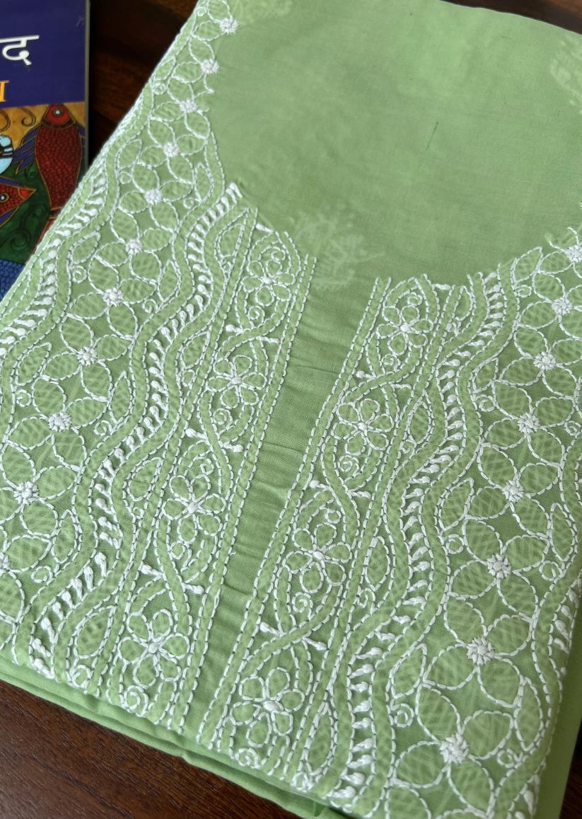Firgun Pista Green Lucknowi Chikankari Cotton Unstitched Kurta