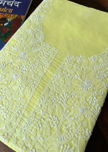 Firgun Lemon Yellow Lucknowi Chikankari Cotton Unstitched Kurta