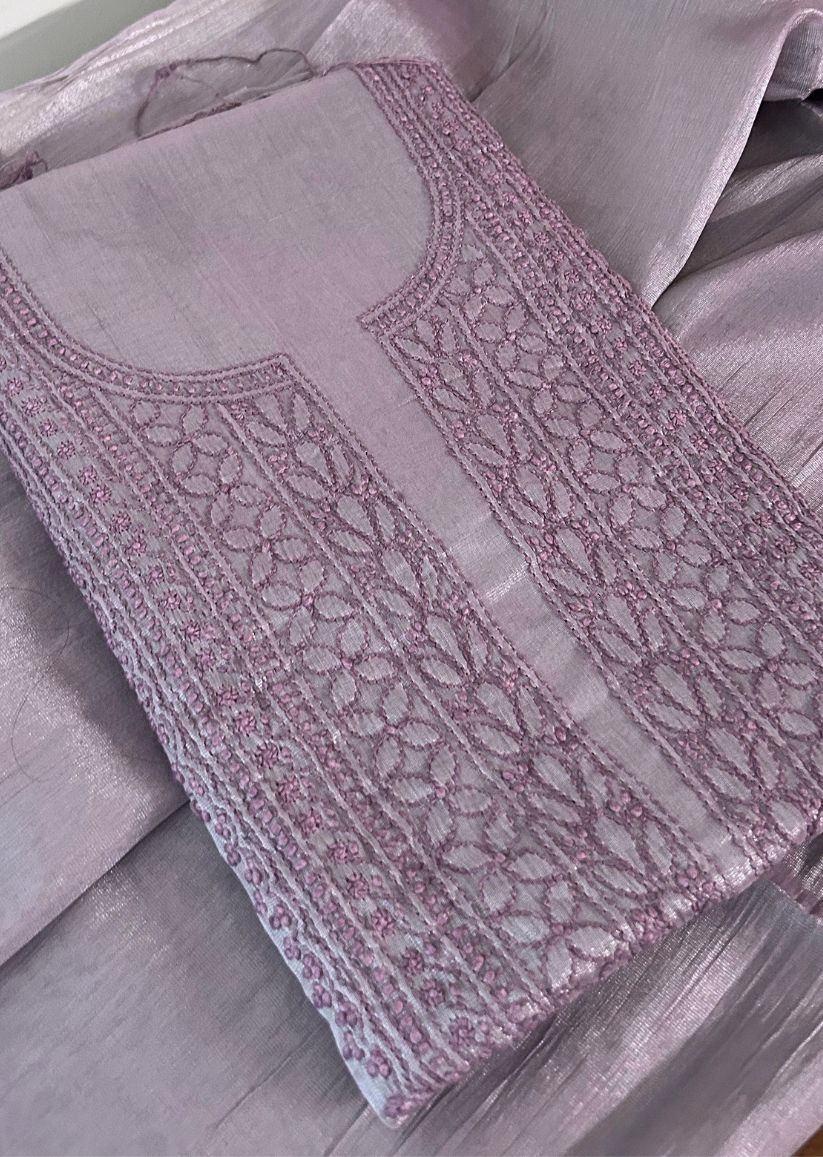 Firgun Dusty Lavender Lucknowi Chikankari Chanderi Silver Tissue Kurta Dupatta Set