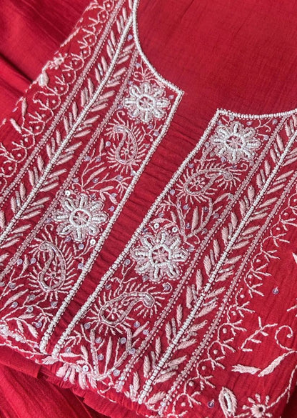 Firgun Red Lucknowi Chikankari Mul Chanderi Unstitched Kurta & Dupatta Set with Pearl & Cutdana Work