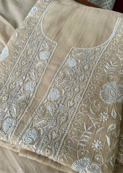 Firgun Beige Lucknowi Chikankari Mul Chanderi Unstitched Kurta & Dupatta Set with Pearl & Cutdana Work