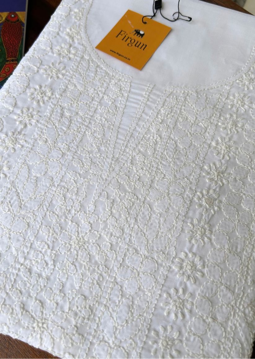 Firgun White Lucknowi Chikankari Cotton Unstitched Kurta