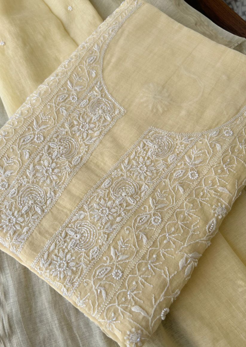 Firgun Butter Yellow Lucknowi Chikankari with Pearl & Cutdana Work Mul Chanderi Unstitched Kurta & Dupatta Set