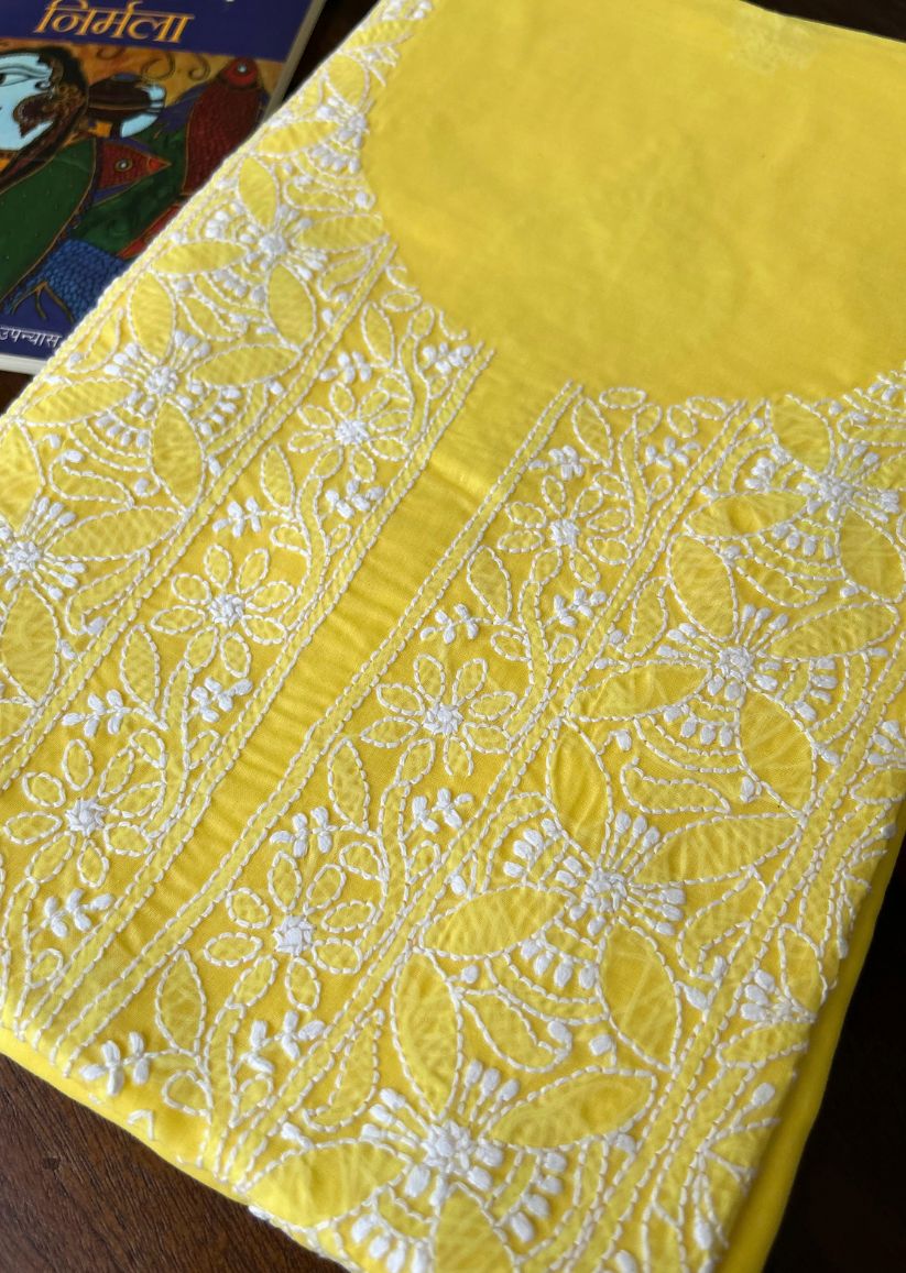 Firgun Yellow Lucknowi Chikankari Cotton Unstitched Kurta