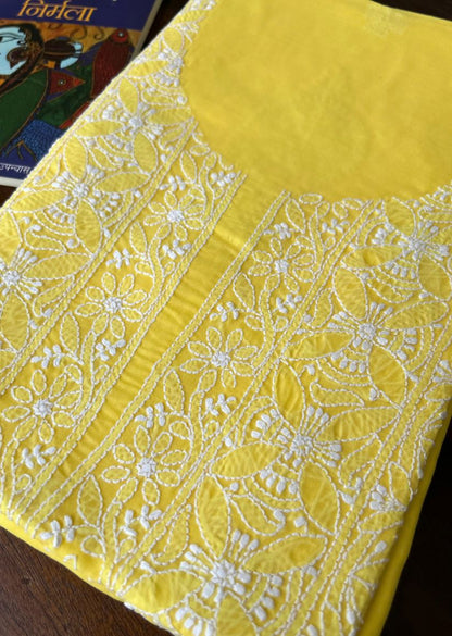 Firgun Yellow Lucknowi Chikankari Cotton Unstitched Kurta