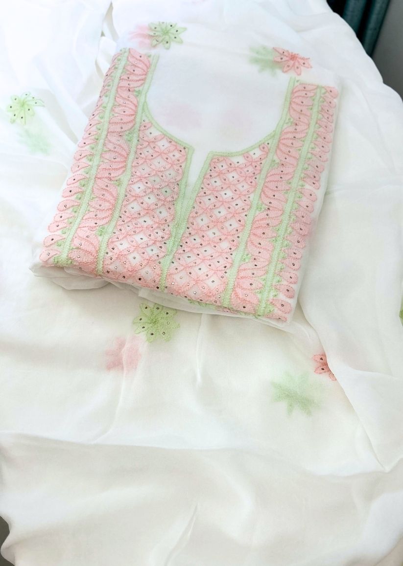 Firgun White Lucknowi Chikankari & Mukaish Work Viscose Georgette Unstitched Kurta & Dupatta Set