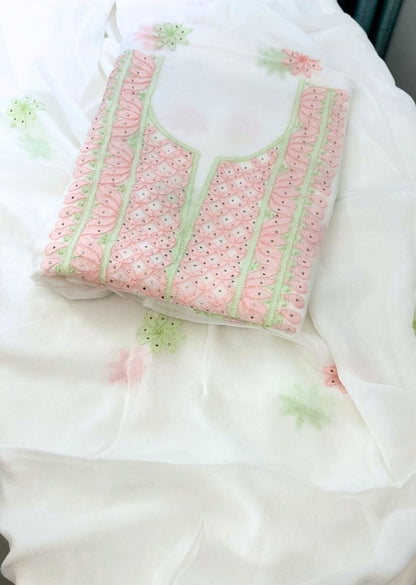 Firgun White Lucknowi Chikankari & Mukaish Work Viscose Georgette Unstitched Kurta & Dupatta Set