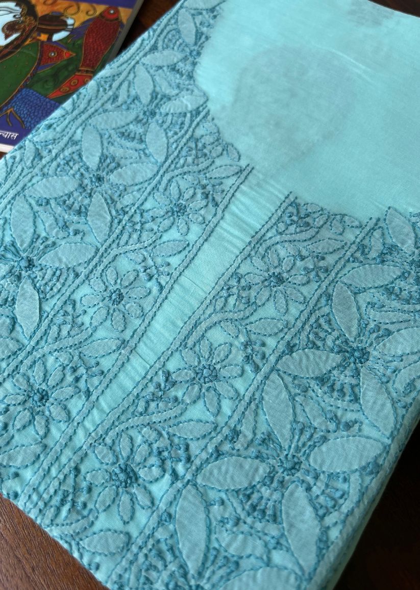 Firgun Blue Lucknowi Chikankari Cotton Unstitched Kurta