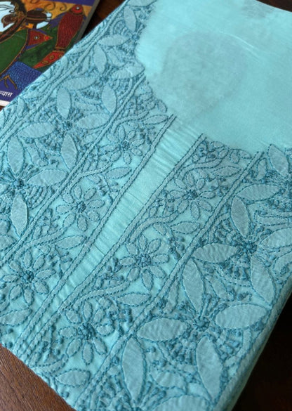Firgun Blue Lucknowi Chikankari Cotton Unstitched Kurta
