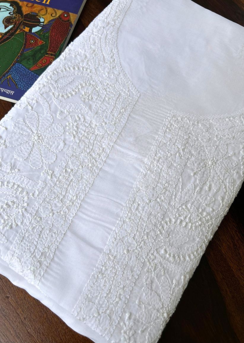 Firgun White Lucknowi Chikankari Cotton Unstitched Kurta