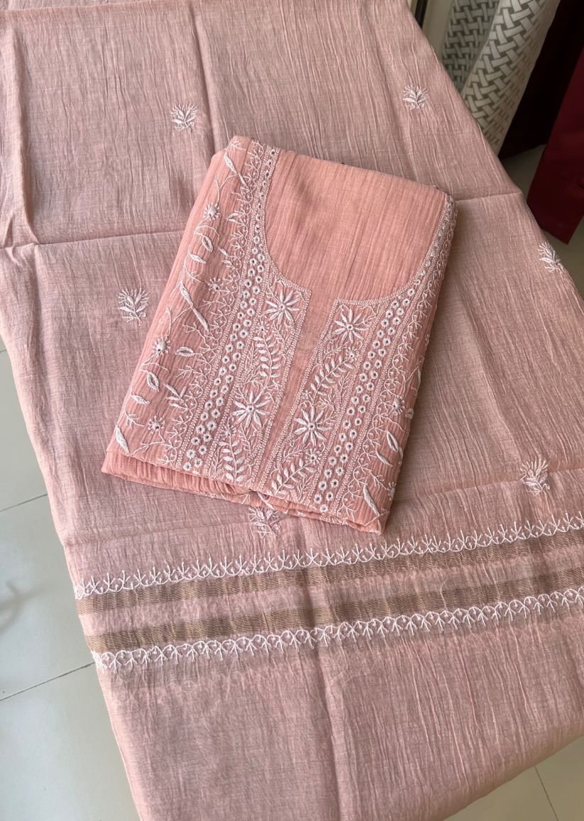 Firgun Peach Lucknowi Chikankari Mul Chanderi Unstitched Kurta & Dupatta Set