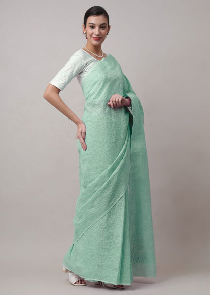 Firgun Hand Embroidered Mint Green Lucknowi Chikankari Kota Doria Tepchi Work Saree with Blouse Piece