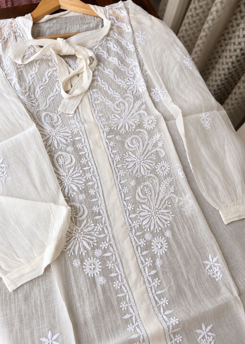 Firgun Cream Lucknowi Chikankari Mul Chanderi Semi-Stitched Shirt