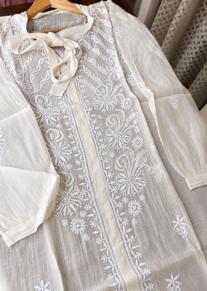 Firgun Cream Lucknowi Chikankari Mul Chanderi Semi-Stitched Shirt