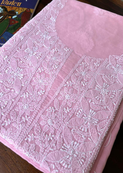 Firgun Pink Lucknowi Chikankari Cotton Unstitched Kurta