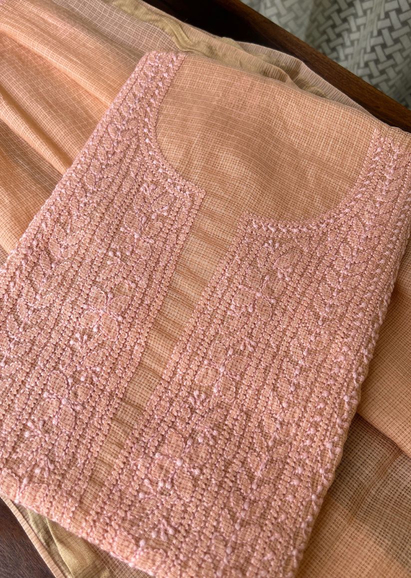 Firgun Apricot Lucknowi Chikankari Kota Unstitched Kurta & Dupatta Set