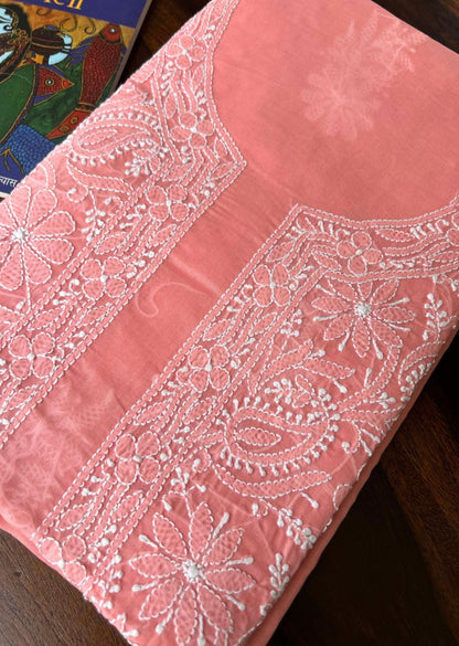 Firgun Peach Lucknowi Chikankari Cotton Unstitched Kurta