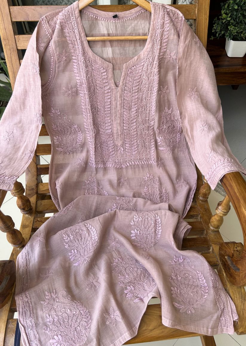 Firgun Wine Lucknowi Chikankari Mul Cotton Straight Kurta