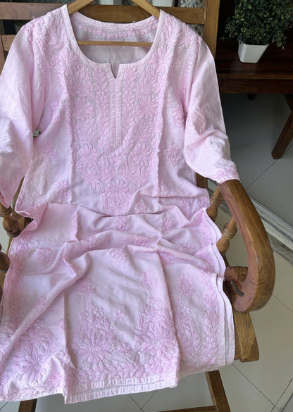 Firgun Pink Lucknowi Chikankari Chanderi Straight Kurta