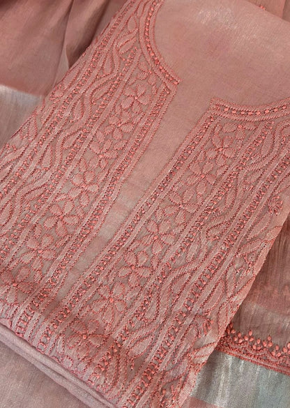 Firgun Red Lucknowi Chikankari Chanderi Silver Tissue Kurta Dupatta Set