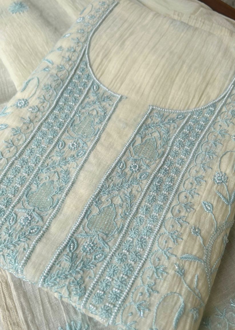 Firgun Ivory & Blue Lucknowi Chikankari Mul Chanderi Unstitched Kurta & Dupatta Set with Pearl & Cutdana Work