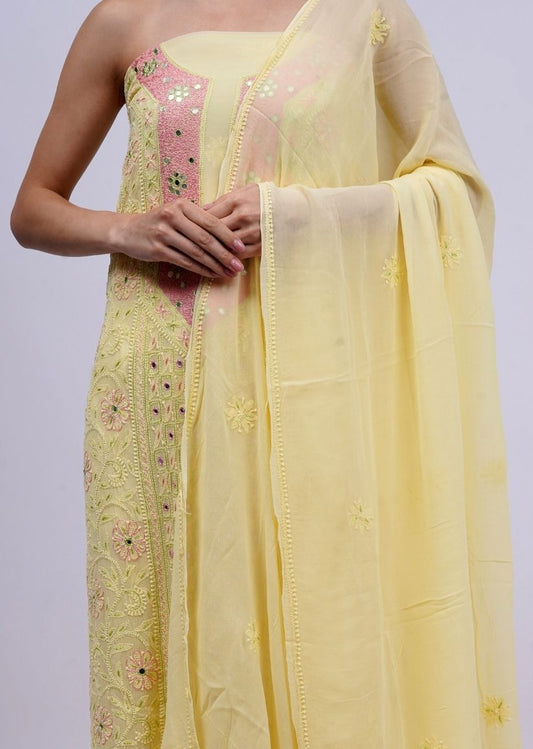 Firgun Lemon Lucknowi Chikankari Viscose Georgette Unstitched Kurta & Dupatta Set