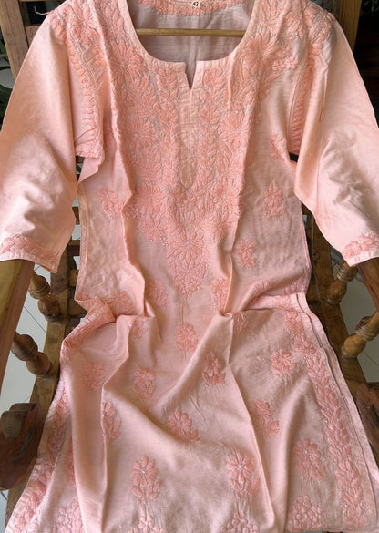 Firgun Orange Lucknowi Chikankari Chanderi Straight Kurta