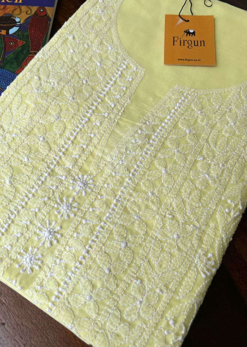 Firgun Lemon Lucknowi Chikankari Cotton Unstitched Kurta