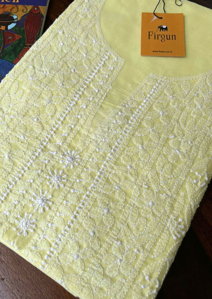 Firgun Lemon Lucknowi Chikankari Cotton Unstitched Kurta