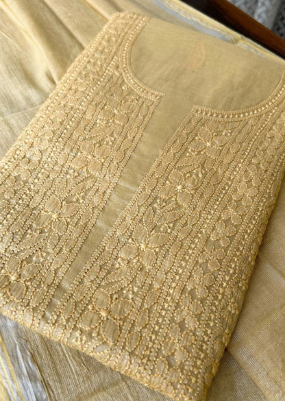 Firgun Yellow Lucknowi Chikankari Chanderi Silver Tissue Kurta Dupatta Set