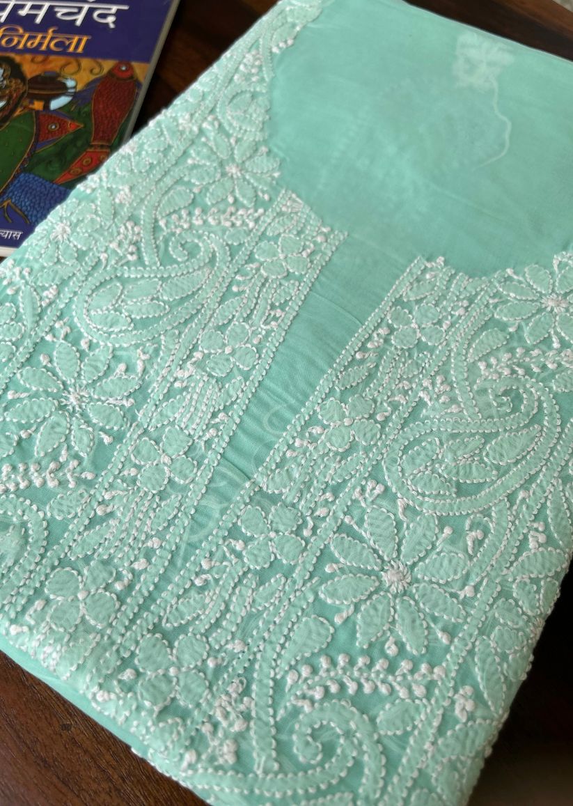 Firgun Sea Green Lucknowi Chikankari Cotton Unstitched Kurta