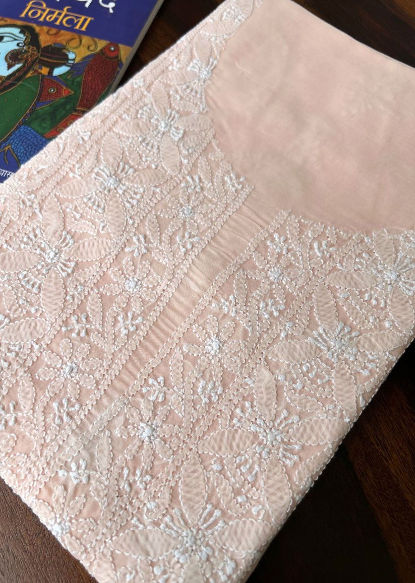 Firgun Light Peach Lucknowi Chikankari Cotton Unstitched Kurta